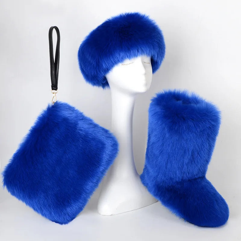 Women High Quality Fur Snow Boots One Fur Plus Velvet Thick Plus Size Snow Boots Headband Clutch Bag Imitation Fox Fur Boots Set