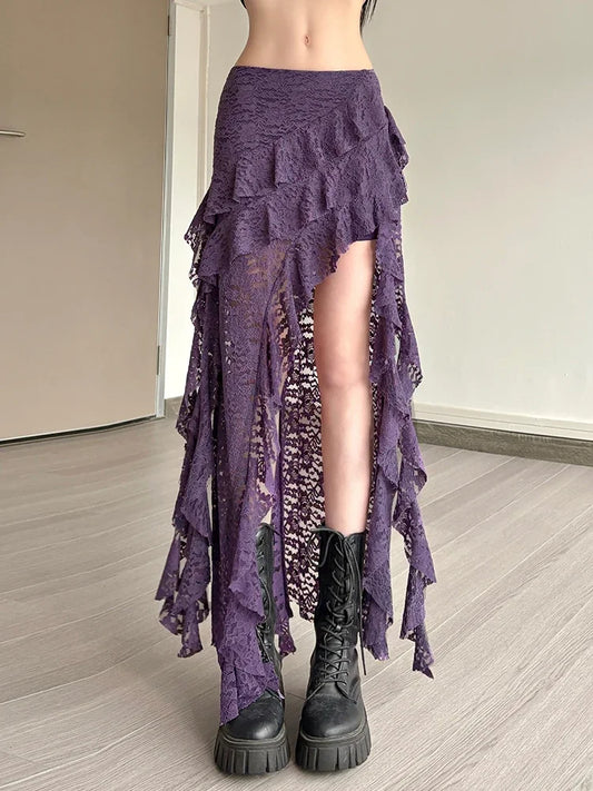 Summer Women Skirts Irregular Hem Multi-Layered Ruffles Lace Patchwork Sweet Trend Long Skirt Daily Skinny Versatile Bottoms New