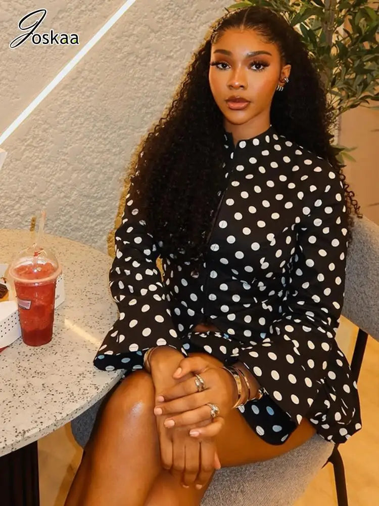 Joskaa Dot Print 2 Piece Sets Women Full Sleeve Zip-Up Jackets and Elastic Waist Ruffles Skirts Matching 2025 Y2K Streetwear