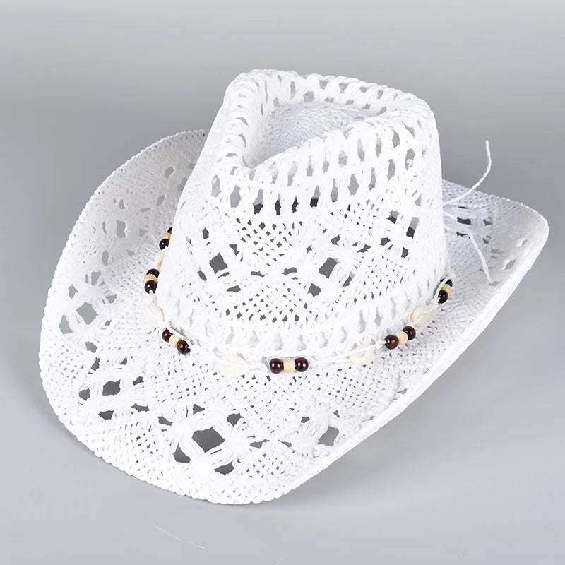 Straw Western Cowboy Hat for Women Men Classic Vintage Hollow Out Unisex Wide Brim Beach Sun Hat Fishing Hat Climbing Cap