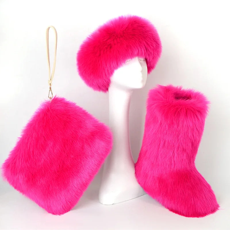 Women High Quality Fur Snow Boots One Fur Plus Velvet Thick Plus Size Snow Boots Headband Clutch Bag Imitation Fox Fur Boots Set