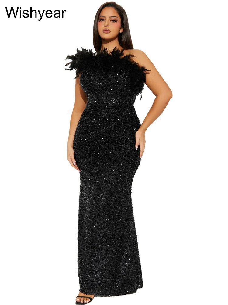 New Luxury Sequined Feather One Shoulder Sleeveless Slanted Collar Backless Purple Long Dress  Women Birthday Party Event Gowns