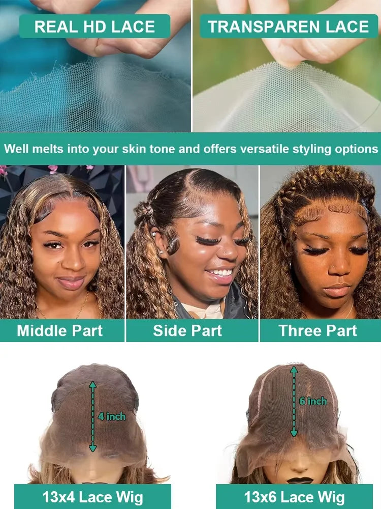 250 Density 30 46 Inch Highlight Ombre Deep Wave HD Lace Front Wig Colored Curly Human Hair Wig 13x6 Lace Frontal Wigs For Women
