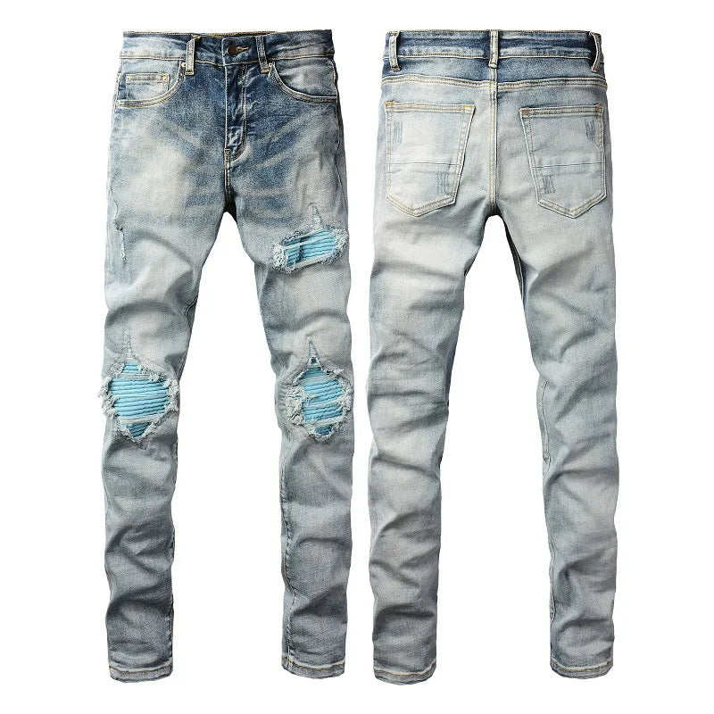 High Street European and American Streetwear. New Men's Eye-catching Blue Patched Slim-fit Jeans with Holes for 2024.