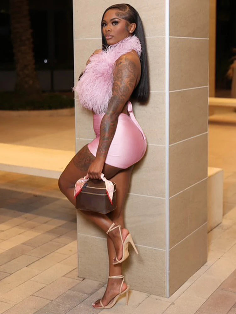 Luxury Fur Patchwork 2 Pieces Set for Woman Outfit Summer 2025 New Tank Top and Stretch Shorts Midnight Club Wear Party Suits