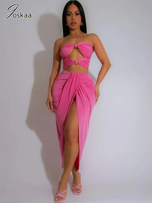 Joskaa 2025 Summer Women 2 Piece Sets Sexy Hollow Ruched Tube Top+High Waist Slit Skirt Matching Holiday Birthday Party Clubwear