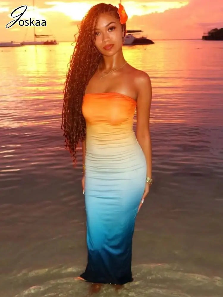 Joskaa 2025 Summer Women's Gradient Print Maxi Dress Sexy Wrap Chest Backless Slit Bodycon Vestdios Holiday Beach Y2K Clubwear