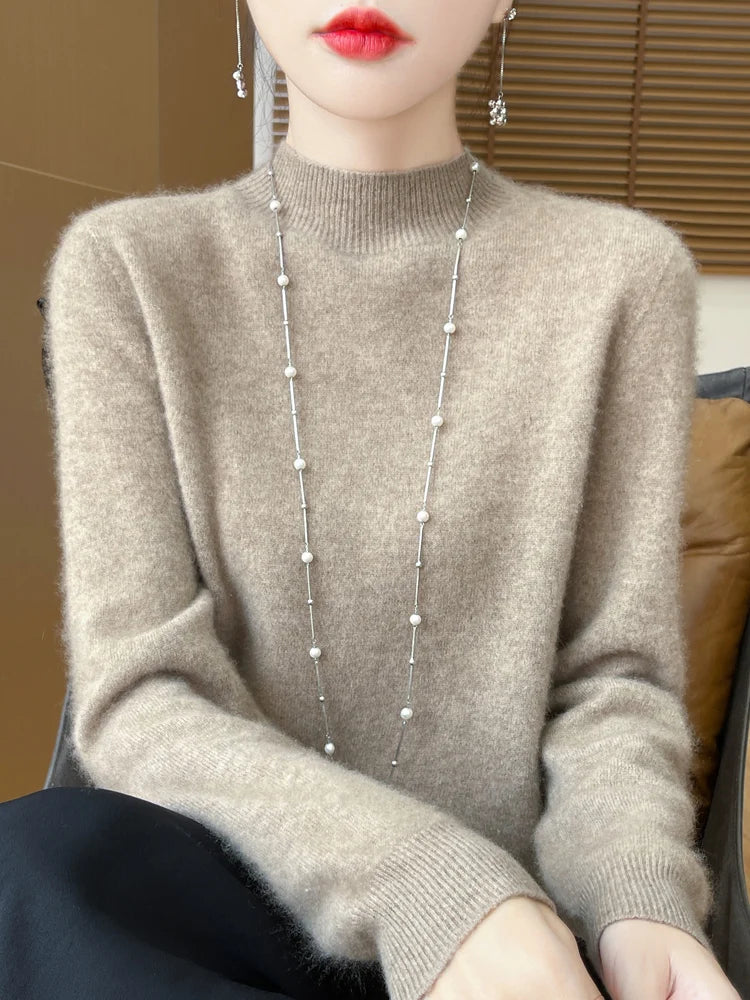 Women's Elegant Basic Style Pullover 100% Merino Wool Knitwear Autumn Winter Warm Solid Casual Loose Exquisite Clothing Tops