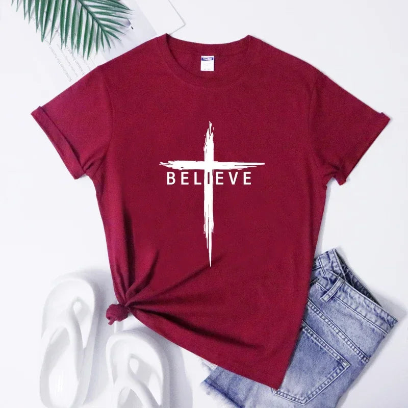 Christian Cross T-Shirt for Women - Inspirational Jesus Christ Tee, Faith Verse Graphic Top, Religious Apparel