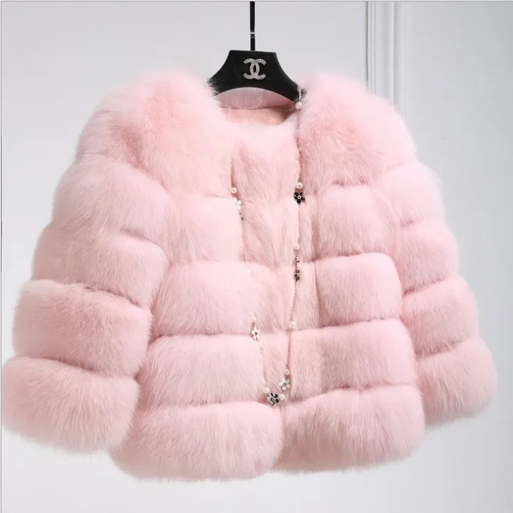 Faux Fur Women Coats Solid Round Neck Full Sleeve Coat Thick Warm Fox Short Open Stitch Elegant Splice Autumn Winter 2024