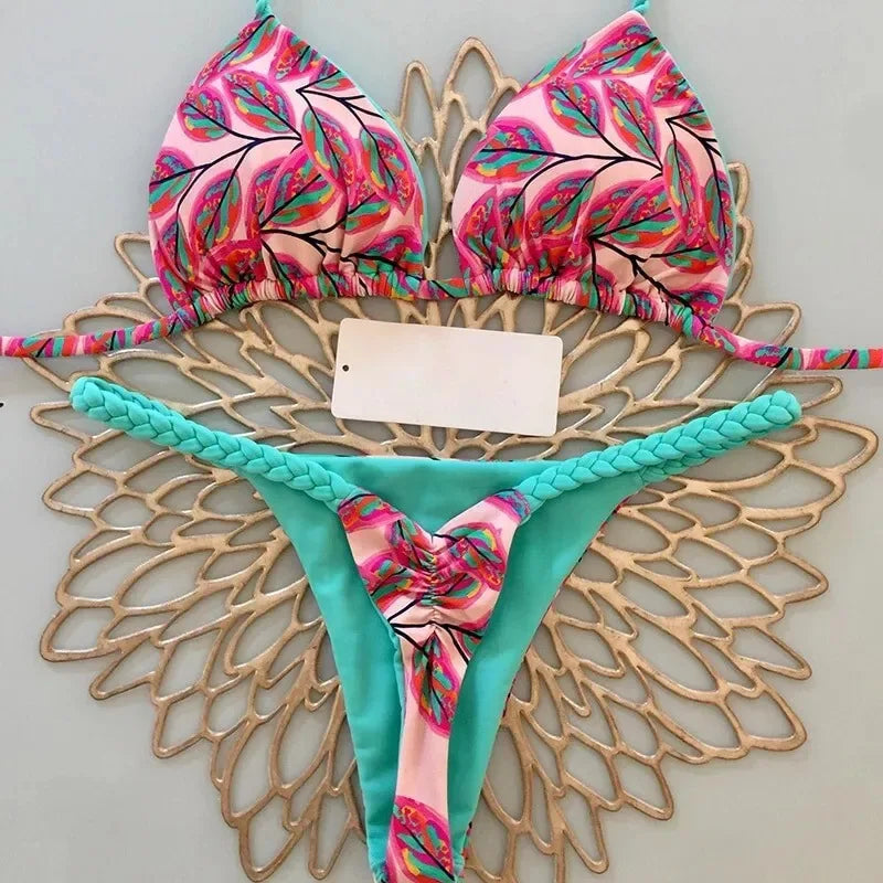 Joskaa 2025 Summer Print 2 Piece Bikini Sets Women Swimwear Sexy String Bra+Briefs Matching Bathing Suits Vacation Beachwear