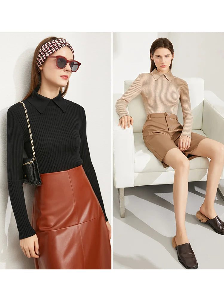 Amii Minimalism Women's Sweaters Fashion Polo Collar Wool Pullover Long Sleeve Knitted Tops Office Lady Spring Sweater 12130297