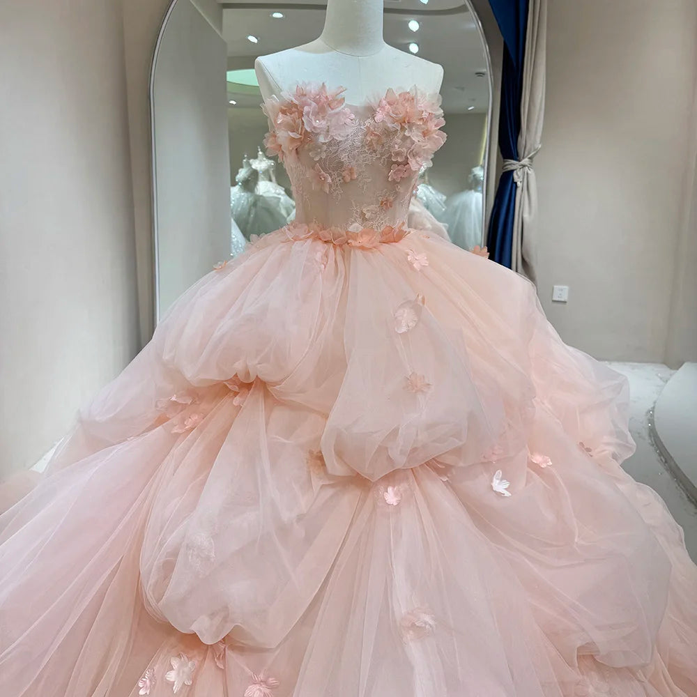 Jancember DW0098 Fairy Pink Puffy Wedding Evening Dresses With 3d Flower