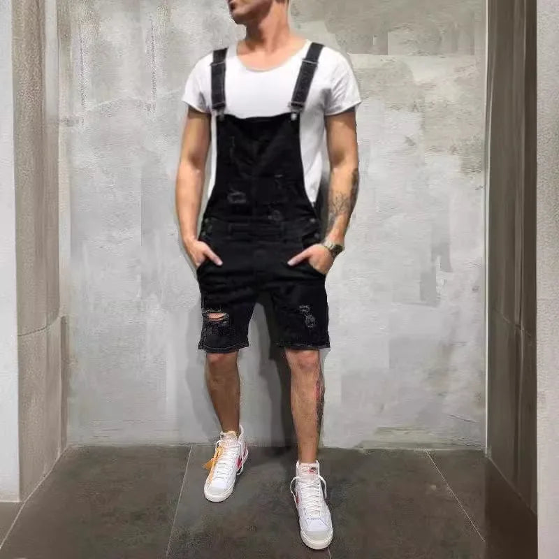 Men Ripped Jeans Jumpsuits Streetwear Distressed Stretch Denim Overalls for Man Jeans Suspender Knee Length Pants Male Rompers