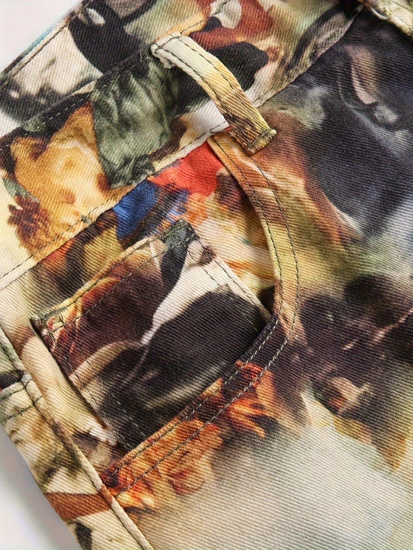 Men's creative oil painting printed jeans, European retro denim straight leg pants