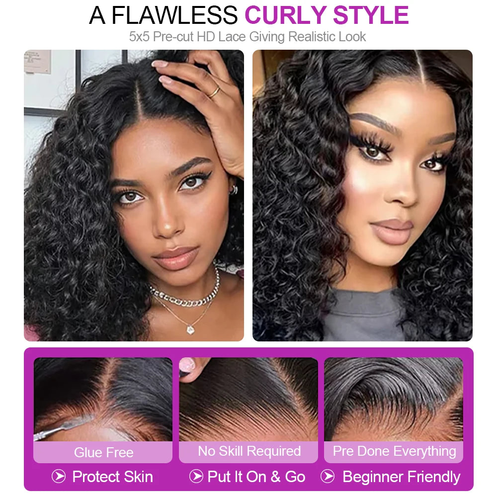 Glueless Wig Human Hair 100% Deep Wave Bob Wig 13x6 Lace Frontal Wig Wear And Go Kinky Curly Short Bob Wig for Women 250 Density