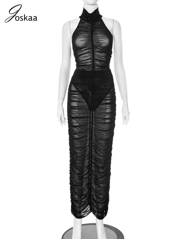 Joskaa Black Mesh See Through 2 Piece Sets Women Sexy Sleeveless Bodysuit+Pleated Maxi Skirt Mathching 2025 Midnight Clubwear