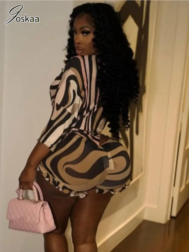 Joskaa 2025 Summer Striped Print 2 Piece Set Women Sexy Deep V-Neck Full Sleeve Bodysuit+Mesh Shorts Matching Holiday Streetwear