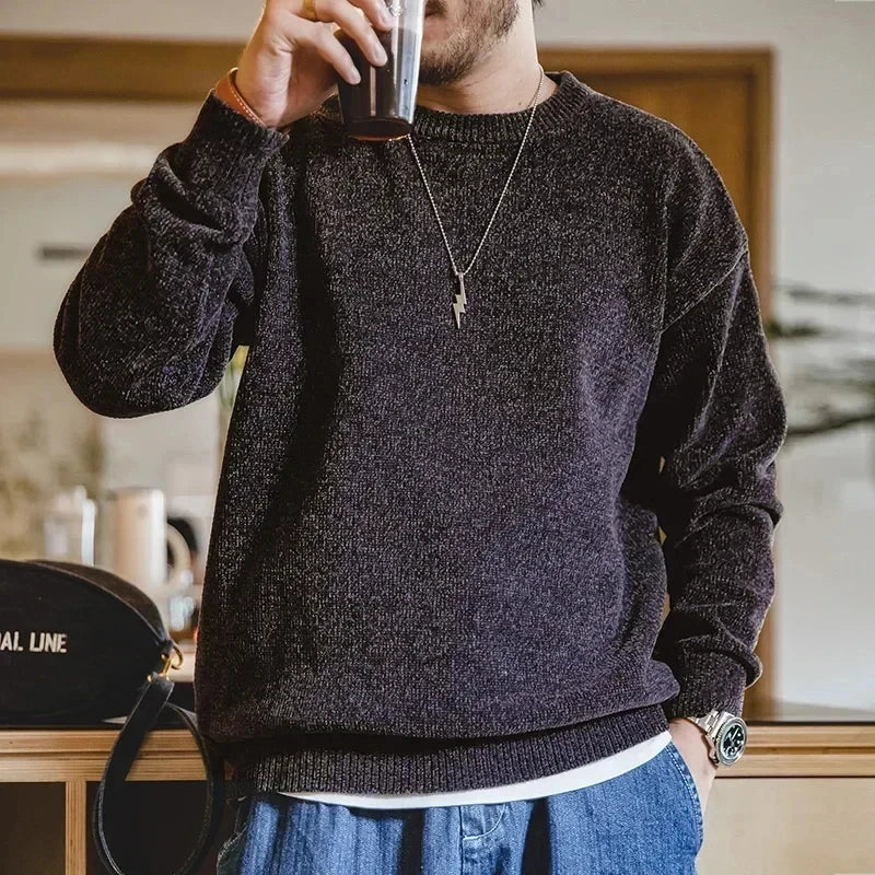 Maden Casual Chenille Round Neck Sweater for Men Warm Skin-friendly Beige Knitwear Autumn Winter Basic Solid Color Soft Sweater