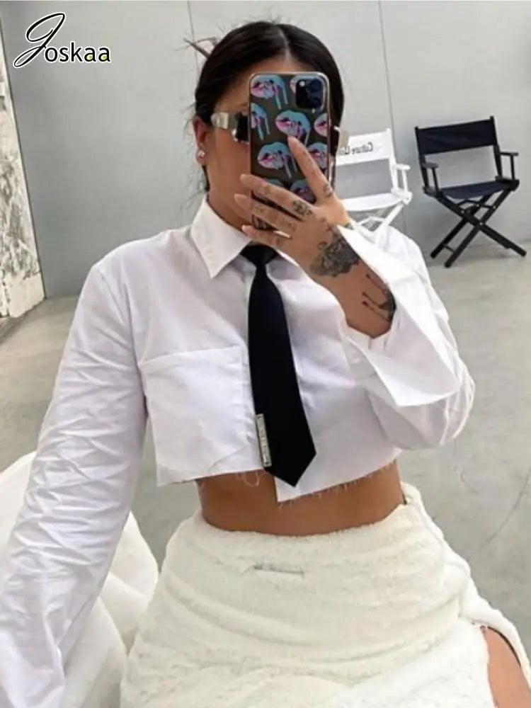 Joskaa Unique Irregular Shirts Women Hipster Sexy Lapel Long Sleeve Single Breasted Crop Tops Female Blouses Harajuku Sreetwear