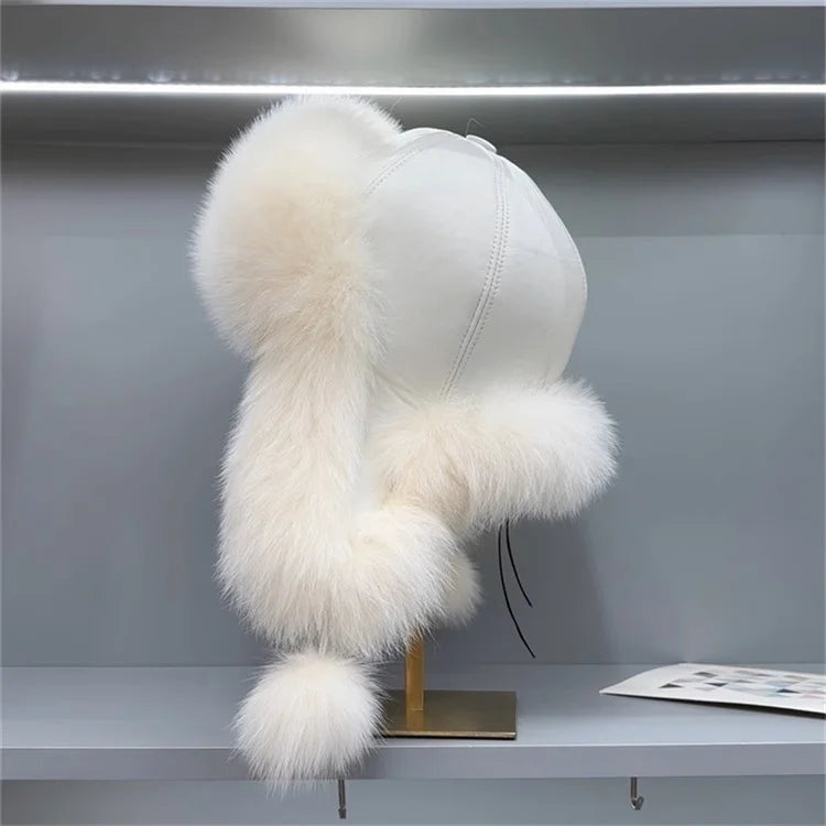 Ms.MinShu Unisex Winter Adjustable Earflap Genuine Black Fox Fur Hat with Sheep leather