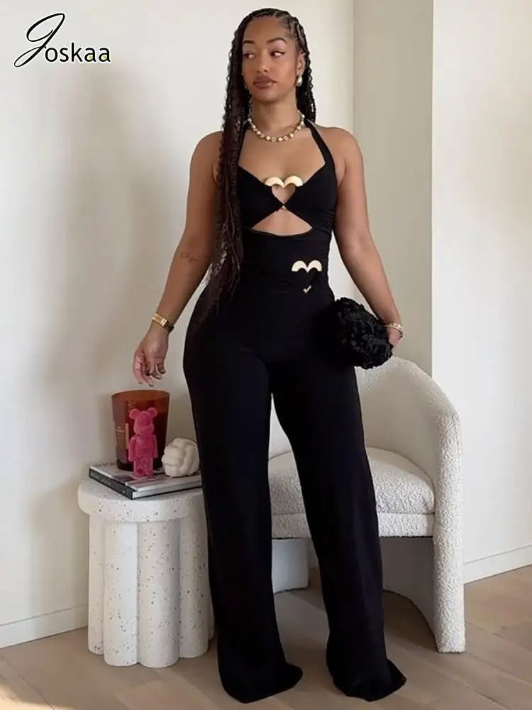 Joskaa Sexy Metal Buckle Hollow Jumpsuits Women Hipster Halter Backless Skinny Rompers 2025 Fashion Overalls Party Clubwear