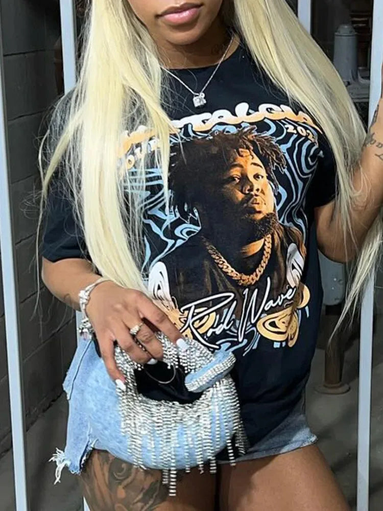Joskaa Portrait Printing Y2K T Shirts Women Hipster O-Neck Short Sleeve Black Tops 2025 Summer Graphic Tees Harajuku Streetwear