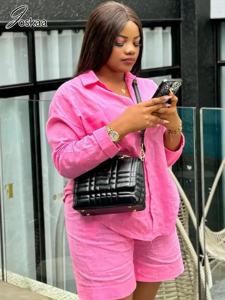 Joskaa 2025 Summer Women Beach Style 2 Piece Sets Casual Lapel Full Sleeve Button Shirt Tops+Shorts Matching Holiday Streetwear