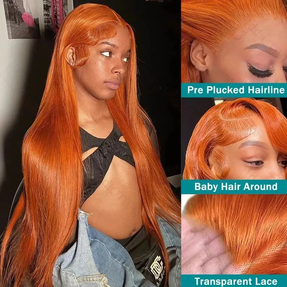250 Density Orange Ginger 13x6 HD Lace Frontal Wig Human Hair Ginger Bone Straight 13x4 Transparent Lace Frontal Colored Wigs