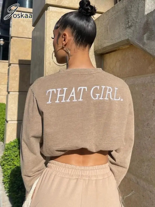 Joskaa Letter Embroidery Short Sweatshirts Women Autumn Sweaters Long Sleeve Crop Tops 2023 Casual T-Shirts Vintage Streetwear