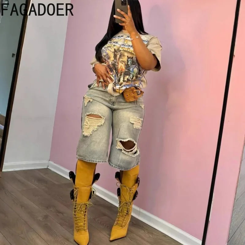 FAGADOER Retro Casual Denim Straight-Leg Shorts Women Old Hole Patchwork Loose Cowboy Jeans Female Streetwear Bottoms 2025 New