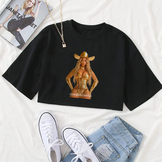 Beyonce Cowboy Carter Act Shirt for Girls Fashion O-Neck Casual Women Y2K Crop Top