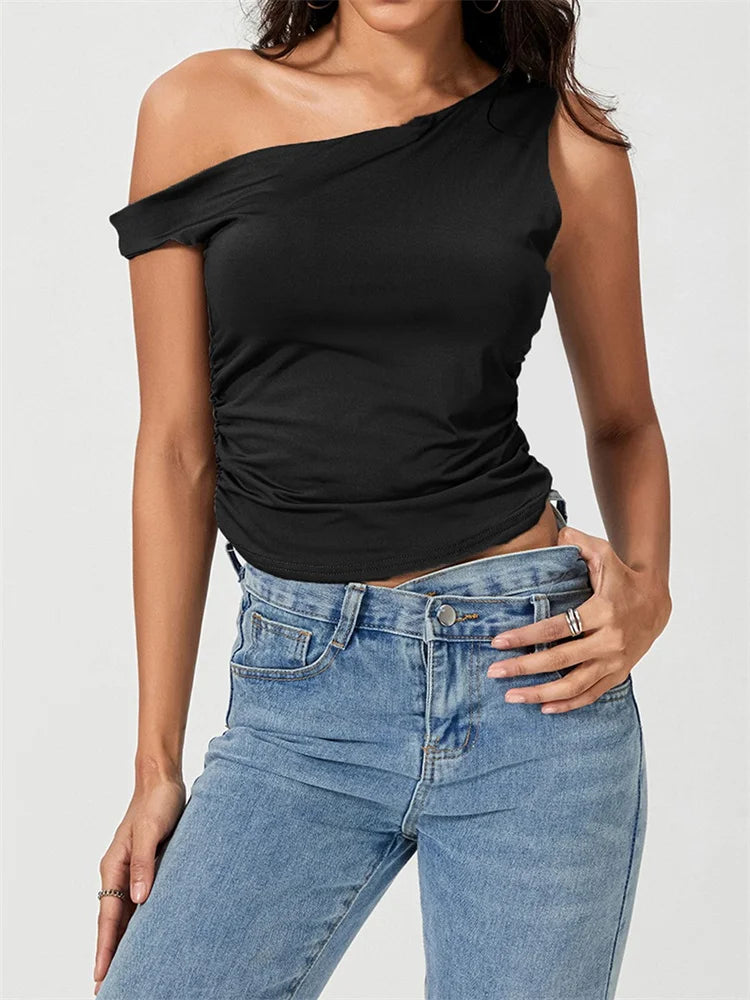 CHRONSTYLE Sexy Women Tank Crop Tops Slim Fit Off Shoulder Sleeveless Solid Color Summer Party Ruched Mini Vest Streetwear 2024