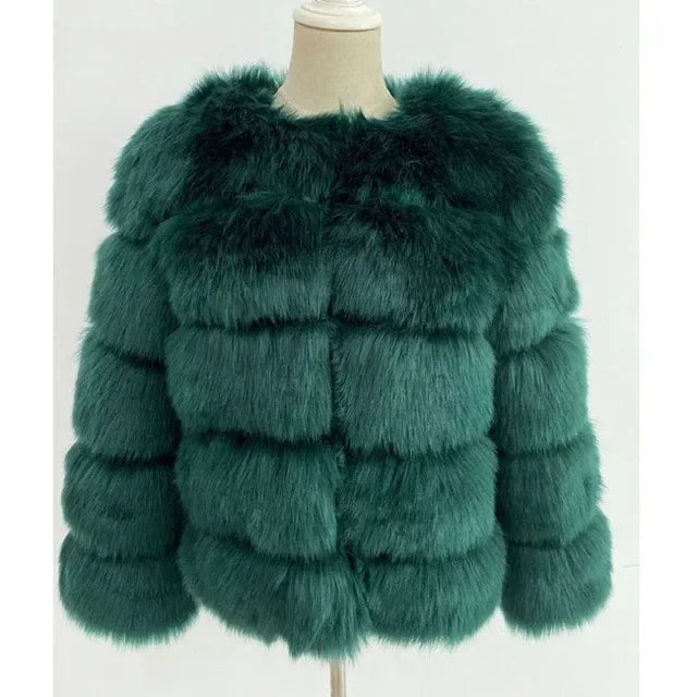 Faux Fur Women Coats Solid Round Neck Full Sleeve Coat Thick Warm Fox Short Open Stitch Elegant Splice Autumn Winter 2024