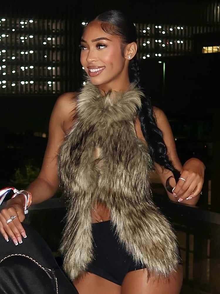 Weird Puss Sexy Furry Tank Tops Women Hipster Halter Y2K Backless Bandage Midnight Party Clubwear Summer Trend  Wild Basic Vest