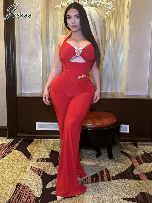 Joskaa Sexy Metal Buckle Hollow Jumpsuits Women Hipster Halter Backless Skinny Rompers 2025 Fashion Overalls Party Clubwear
