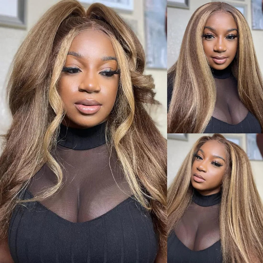 4/27 Kinky Straight 13x6 Lace Frontal Human Hair Wigs For Women Blonde Brown Piano Color 13x4 Lace Front Wig PrePlucked Yaki Wig