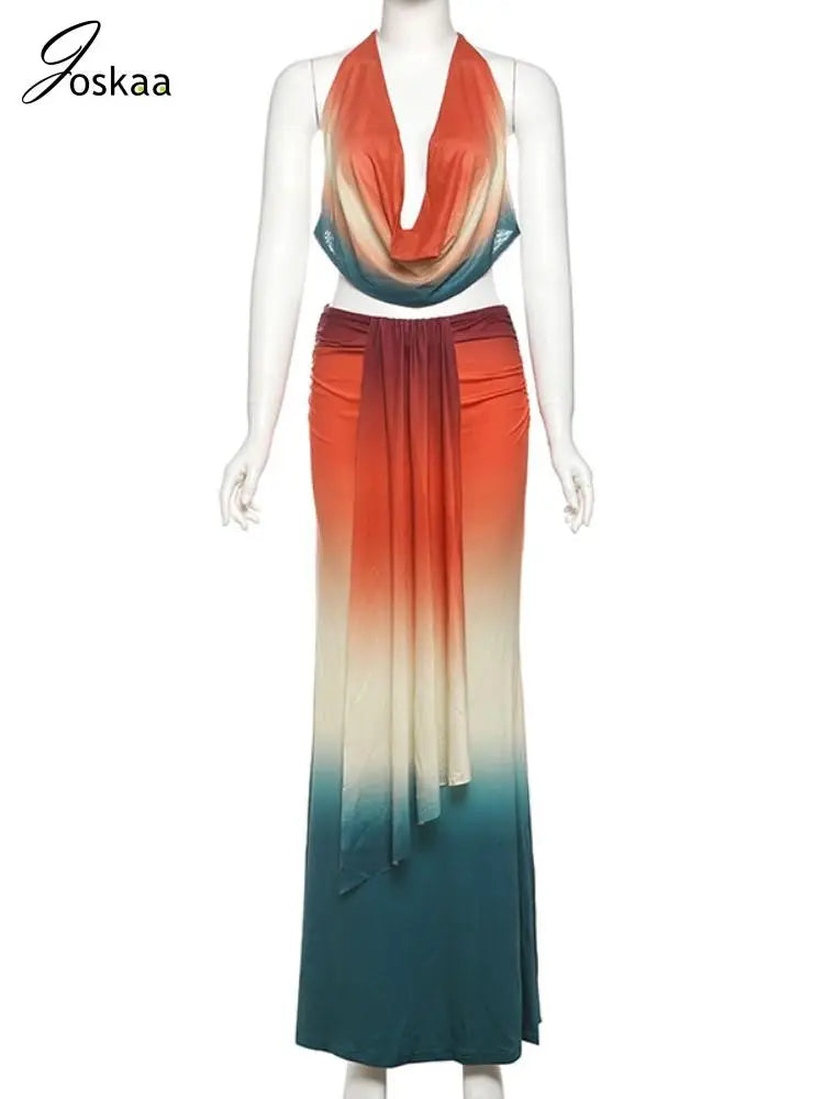 Joskaa 2025 Summer Sexy Colorful 2 Piece Set Women Backless Halter Tank Top+Ribbons Ruched Maxi Skirt Matching Holiday Beachwear