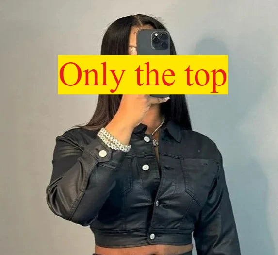 FAGADOER Y2K Punk Leather 2 Piece Sets Women Outfit Fashion Long Sleeve Buttons Crop Jacket And High Waisted Flare Pants Suit