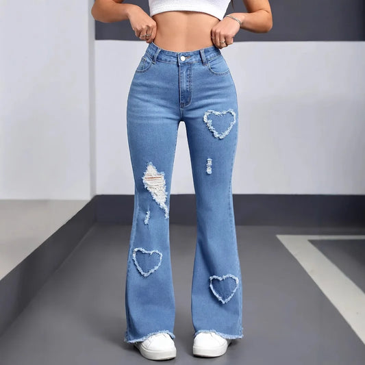 Denim Flared Pants Women Hole Jeans Boot Cut Distressed 2025 Streetwear High Waist Stretch Washed Vintage Full Length Trousers