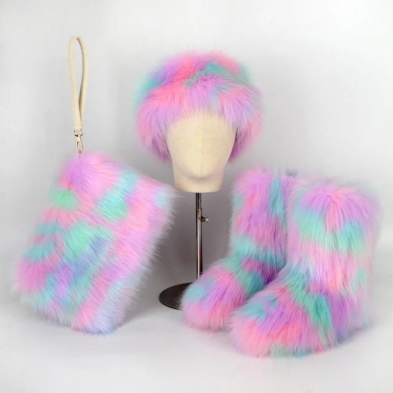 Women High Quality Fur Snow Boots One Fur Plus Velvet Thick Plus Size Snow Boots Headband Clutch Bag Imitation Fox Fur Boots Set