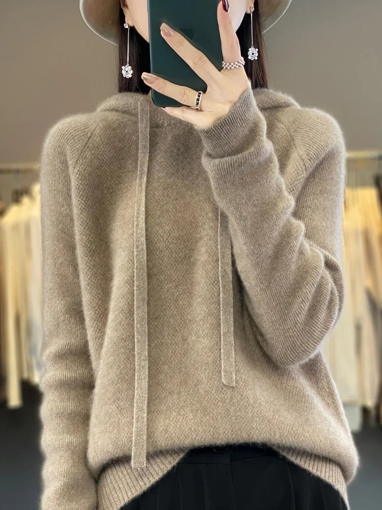 Autumn Winter Women's Cashmere Hooded Pullover Thick Sweater Raglan Sleeve 100% Merino Wool Knitwear Warm Casual Comfortable Top