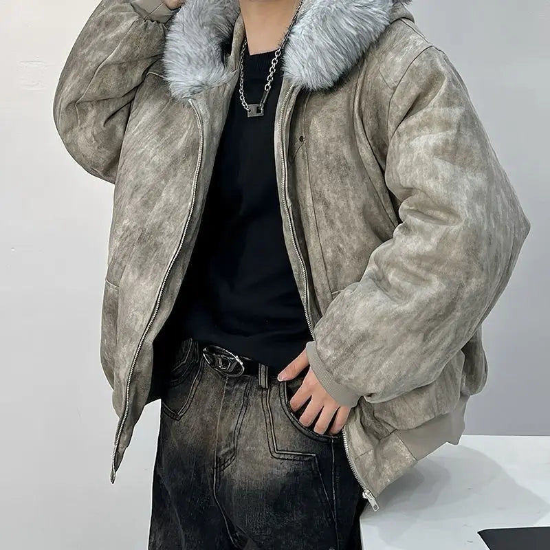 Winter men's cotton jacket with fur collar eagle embroidery and tie-dye design outdoor style jacket thickens and comfortable