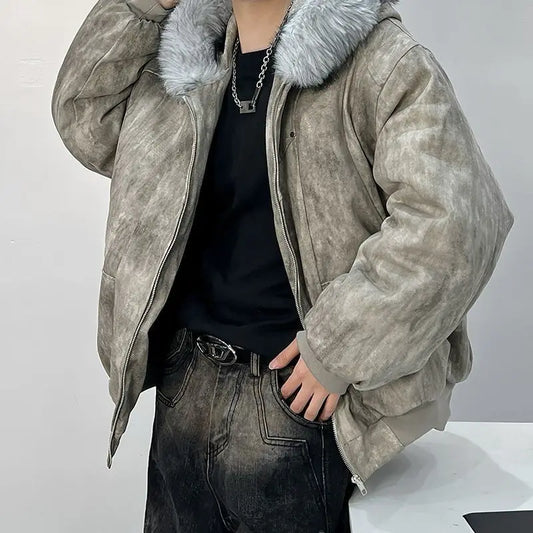 Winter men's cotton jacket with fur collar eagle embroidery and tie-dye design outdoor style jacket thickens and comfortable