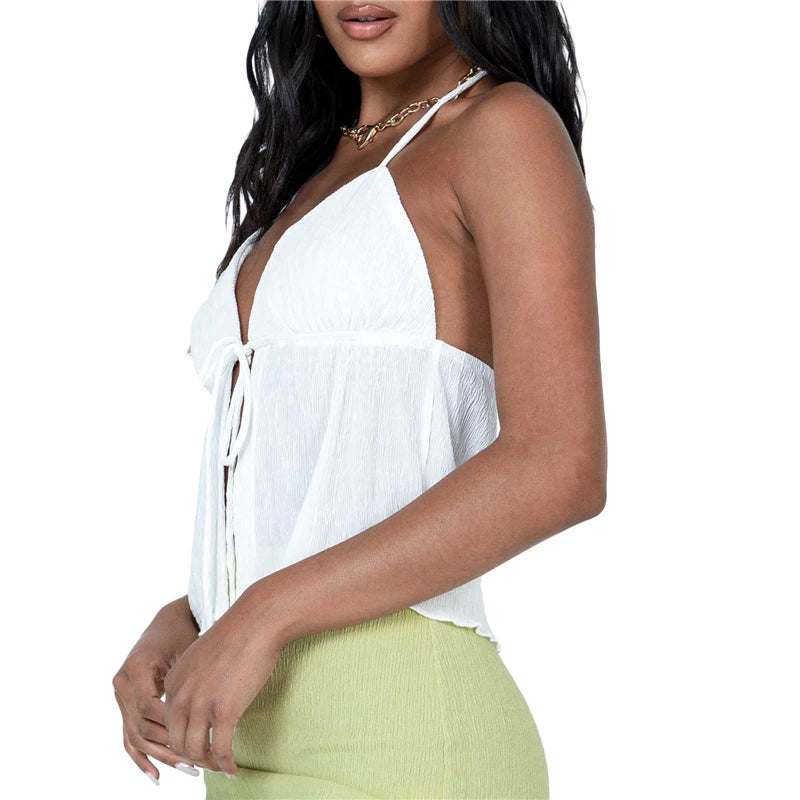 Sexy Summer Cami Top Bowknot Lace-Up Sleeveless Cropped Vest Elegant Youth Clothes Women Fashion Off Shoulder 2024 New