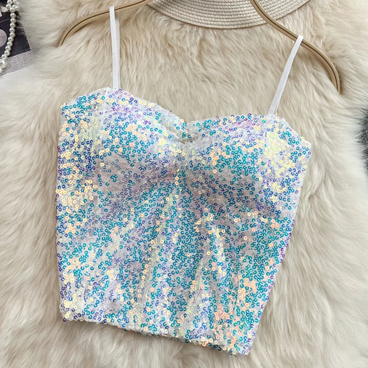 Summer Women Design Off Shoulder Tank Tops With Bra Pad Sequin Elastic Pleated Patchwork Crop Tops Backless New All-match Camis
