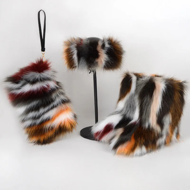 Women High Quality Fur Snow Boots One Fur Plus Velvet Thick Plus Size Snow Boots Headband Clutch Bag Imitation Fox Fur Boots Set