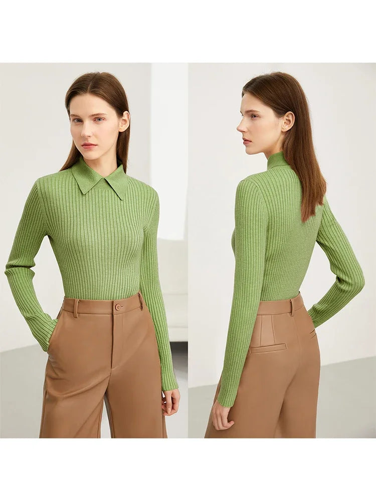 Amii Minimalism 2024 Sweater for Women Autumn New Office Lady Basic Lapel Striped Slim Knitted Tops Solid Trendy Blouse 12444058
