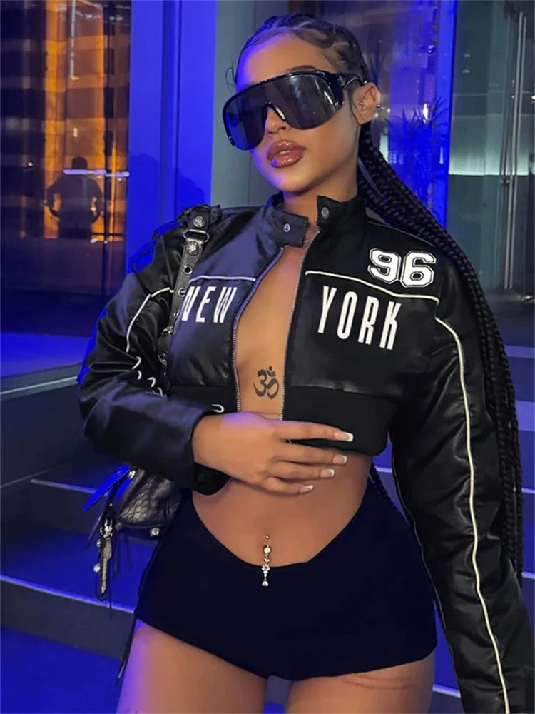 Weird Puss PU Patchwork Women Jacket Letter Print Hipster Button Zip Full Sleeve Trend Cool Street  Spring Outwear Crop Coat