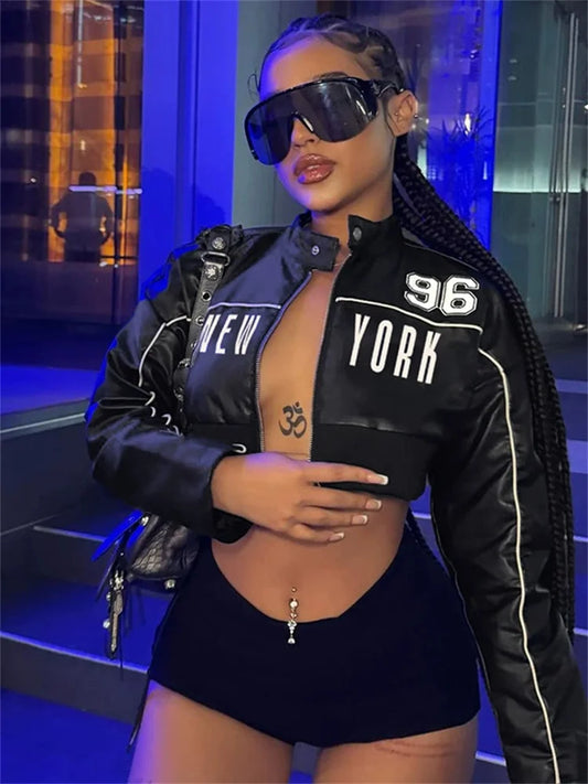 Weird Puss PU Patchwork Women Jacket Letter Print Hipster Button Zip Full Sleeve Trend Cool Street  Spring Outwear Crop Coat